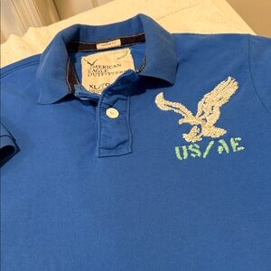 VINTAGE Mens American Eagle Blue Polo Iconic Large Eagle Embroidered Size XL